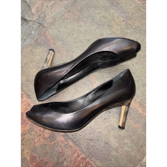 Max Mara Black Leather Peep Toe Pumps 3” Silver Heel 8 38.5 Italy Women - Picture 2 of 12